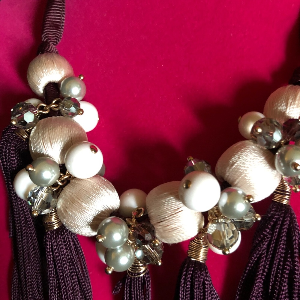 Ann Taylor Factory Statement Necklace Burgundy Tassel Crystal Pearl Beaded NWT - Picture 4 of 6
